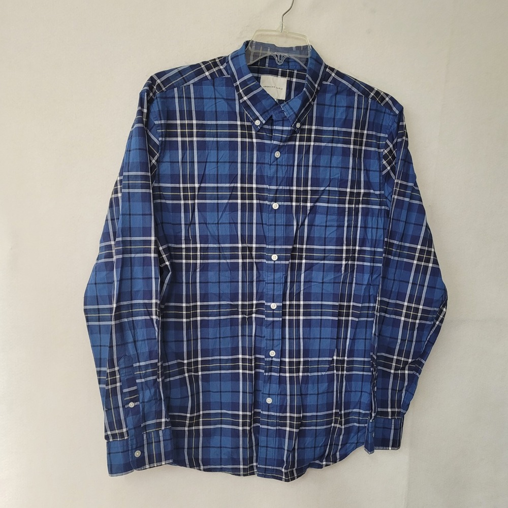American Eagle Mens XL Plaid Button Down Shirt‎ Blue White Yellow Casual